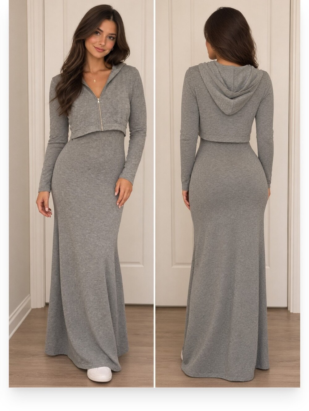 Gray Long Sleeve Maxi Dress with Zip Crop Top Jacket Set Size Medium